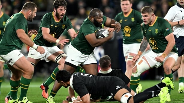 WELLINGTON, NEW ZEALAND - SEPTEMBER 13: Ox Nche of South Africa charges forward during The Rugby Championship match between New Zealand All Blacks and South Africa Springboks at Sky Stadium on September 13, 2025 in Wellington, New Zealand. (Photo by Joe Allison/Getty Images)