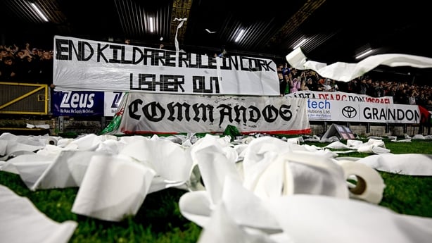 3 October 2025; A general view of toilet rolls on the pitch as Cork City supporters protest before the Sports Direct Men's FAI Cup semi-final match between Cork City and St Patrick's Athletic at Turner's Cross in Cork. Photo by Seb Daly/Sportsfile