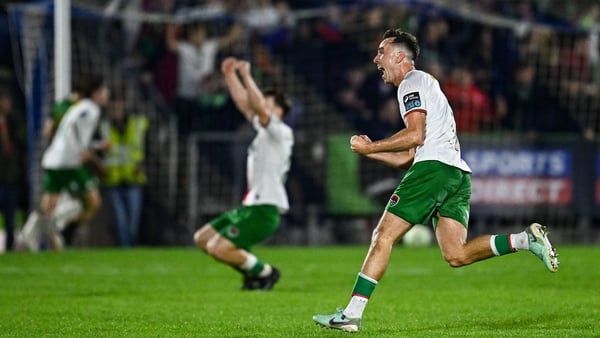3 October 2025; Charlie Lyons of Cork City celebrates his side's second goal scored by teammate Evan McLaughlin during the Sports Direct Men’s FAI Cup semi-final match between Cork City and St Patrick's Athletic at Turner’s Cross in Cork. Photo by Seb Dal