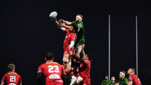 2 March 2024; Sam Lousi of Scarlets in action against Niall Murray of Connacht during the United Rugby Championship match between Connacht and Scarlets at Dexcom Stadium in Galway. Photo by Stephen Marken/Sportsfile