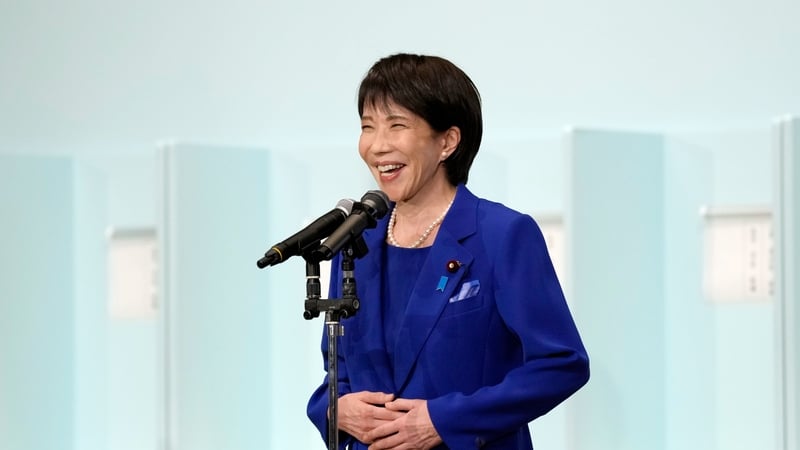 Sanae Takaich speaks following the party's leadership election at the its headquarters in Tokyo