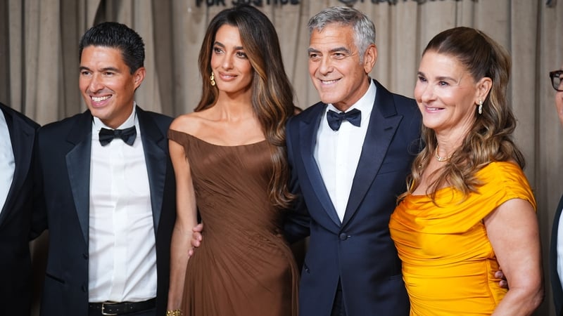 Jose Carlos Zamora, Amal Clooney, George Clooney and Melinda French Gates arrive at the Albie Awards