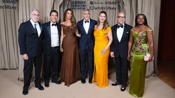 (left to right) Marty Baron, Jose Carlos Zamora, Amal Clooney, George Clooney, Melinda French Gates, Darren Walker and Fatou Baldeh arrive at the Albie Awards, at the Natural History Museum in London. The awards - named after Justice Albie Sachs for his seminal role in ending apartheid in South Afri