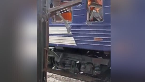 A screengrab taken from a twitter video of a train on fire in Ukraine