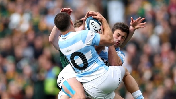 Argentina's fly-half Geronimo Prisciantelli and Argentina's wing Bautista Delguy