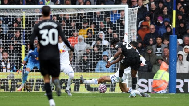 Mohammed Kudus of Tottenham Hotspur scores his team's second goal during the Premier League match between Leeds United and Tottenham Hotspur at Elland Road
