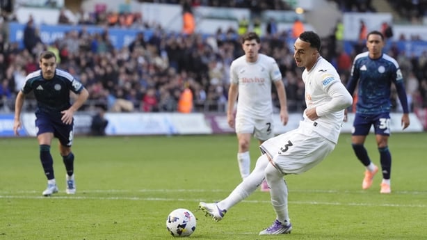 Swansea City's Adam Idah scores a penalty against Leicester, October 2025