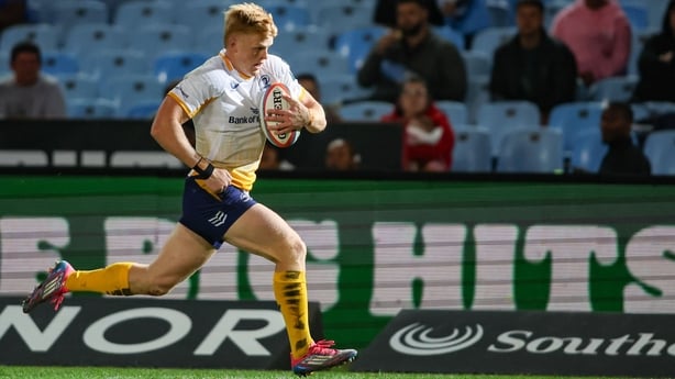 4 October 2025; Tommy O'Brien of Leinster on his way to scoring his side's third try during the United Rugby Championship match between Vodacom Bulls and Leinster at Loftus Versfeld Stadium in Pretoria, South Africa. Photo by Shaun Roy/Sportsfile