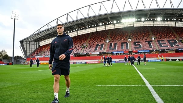 4 October 2025; Jack Crowley of Munster walks the pitch before the United Rugby Championship match between Munster and Cardiff Rugby at Thomond Park in Limerick. Photo by Sam Barnes/Sportsfile