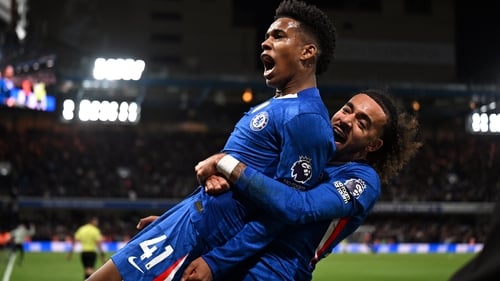 Estevao (L) celebrates his winner with Malo Gusto