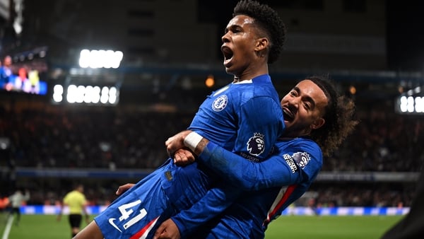 Estevao of Chelsea celebrates scoring his team's second goal with teammate Malo Gusto during the Premier League match between Chelsea and Liverpool at Stamford Bridge