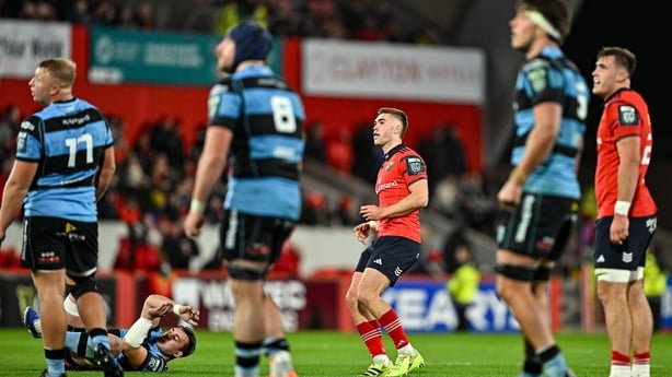 4 October 2025; Jack Crowley of Munster looks on after kicking a drop goal during the United Rugby Championship match between Munster and Cardiff Rugby at Thomond Park in Limerick. Photo by Sam Barnes/Sportsfile