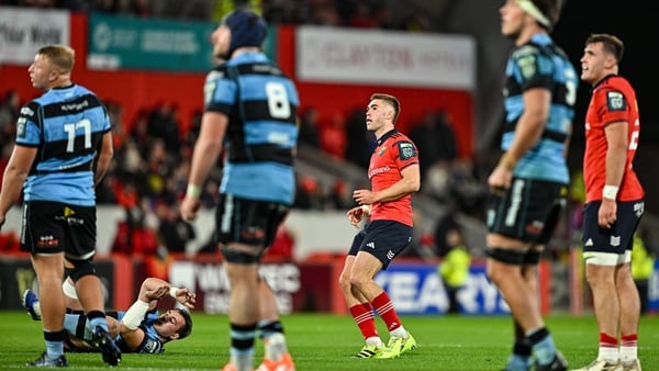 4 October 2025; Jack Crowley of Munster looks on after kicking a drop goal during the United Rugby Championship match between Munster and Cardiff Rugby at Thomond Park in Limerick. Photo by Sam Barnes/Sportsfile