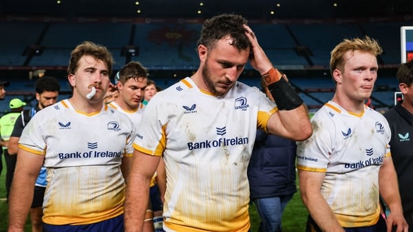 4 October 2025; Will Connors of Leinster, centre, with teammates John McKee, left, and Hugh Cooney after the United Rugby Championship match between Vodacom Bulls and Leinster at Loftus Versfeld Stadium in Pretoria, South Africa. Photo by Shaun Roy/Sports