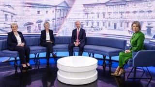 Irish presidential candidates, (left to right) Fine Gael's candidate Heather Humphreys, independent candidate Catherine Connolly and Fianna Fail candidate Jim Gavin with presenter, Aine Lawlor,