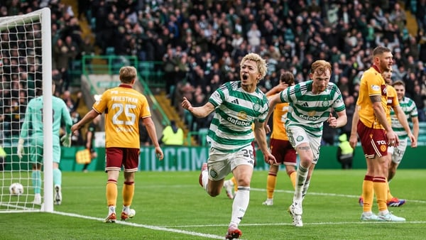 Celtic's Daizen Maeda celebrates as he scores to make it 3-2 during a William Hill Premiership match between Celtic and Motherwell at Celtic Park, on October 05, 2025, in Glasgow, Scotland