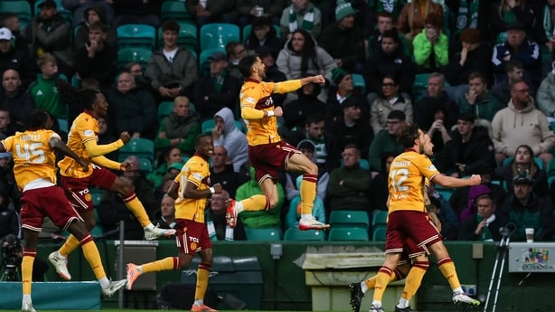 The Motherwell squad celebrate as Motherwell's Apostolos Stamatelopoulos scores from the penalty spot to make it 2-1 during a William Hill Premiership match between Celtic and Motherwell at Celtic Park, on October 05, 2025, in Glasgow, Scotland.