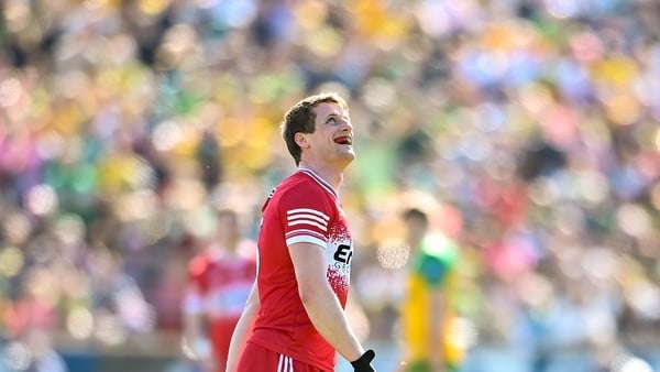 6 April 2025; Brendan Rogers of Derry during the Ulster GAA Football Senior Championship preliminary round match between Donegal and Derry at MacCumhaill Park in Ballybofey, Donegal. Photo by David Fitzgerald/Sportsfile