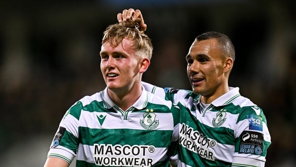 5 October 2025; Michael Noonan of Shamrock Rovers, left, celebrates with teammate Graham Burke after scoring their side's third goal during the Sports Direct Men’s FAI Cup semi-final match between Shamrock Rovers and Kerry FC at Tallaght Stadium in Dublin