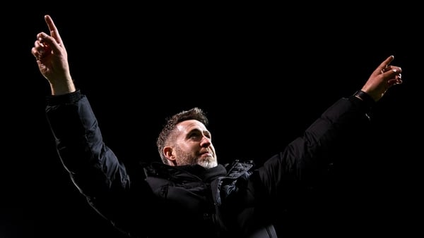 5 October 2025; Shamrock Rovers manager Stephen Bradley celebrates after his side's victory in the Sports Direct Men’s FAI Cup semi-final match between Shamrock Rovers and Kerry FC at Tallaght Stadium in Dublin. Photo by Seb Daly/Sportsfile