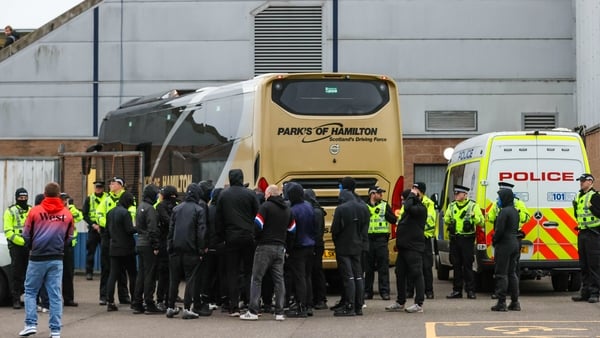 Rangers fans clash with police as they look to stop the Rangers team bus leaving after a William Hill Premiership match between Falkirk and Rangers at the Falkirk Stadium, on October 05, 2025, in Falkirk, Scotland. (Photo by SNS Group)