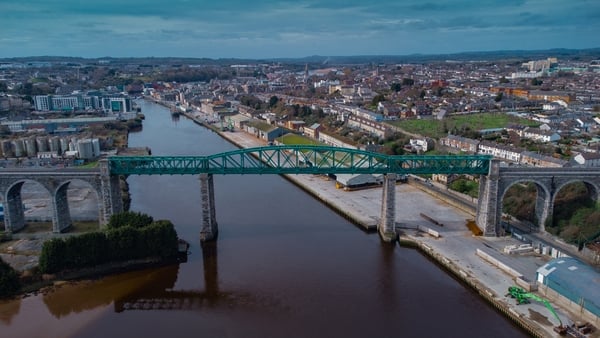 Aerial drone view of Boyne viaduct in drogheda spanning over river Boyne in early evening hours.