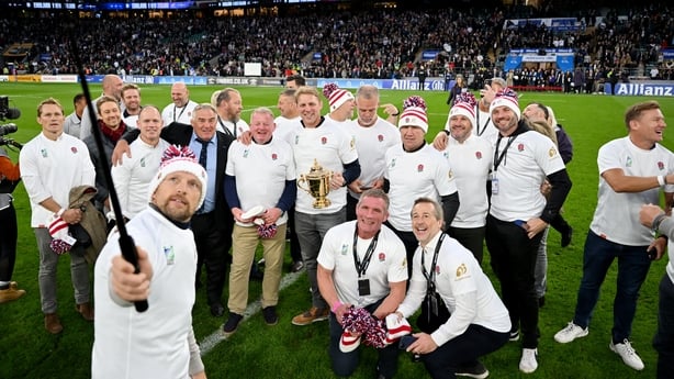 Former Players of England, who were part of the 2003 World Cup Winning Squad, pose for a selfie with the Web Ellis Cup last year. Moody is centre holding the trophy