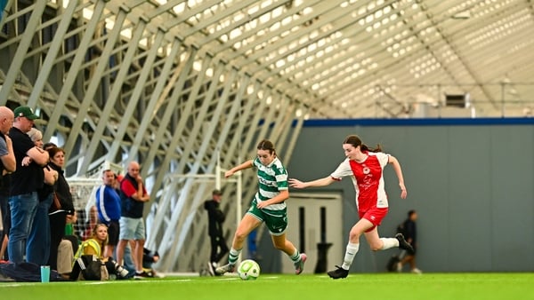 31 August 2025; Action from the match between St Patrick's Athletic and Shamrock Rovers at an EA SPORTS WU17 LOI academy development day at the FAI National Training Centre + National Indoor Arena, National Sports Campus, Dublin. Photo by Piaras Ó Mídheac