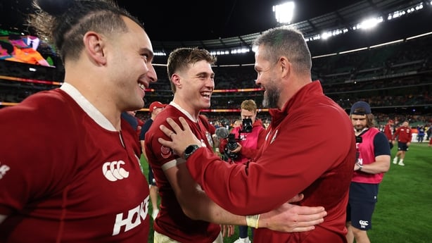 MELBOURNE, AUSTRALIA - JULY 26: Andy Farrell, head coach of the British & Irish Lions celebrates with Tommy Freeman and James Lowe (L) after their series win during the second test of the series between Australia Wallabies and British & Irish Lions at the Melbourne Cricket Ground on July 26, 2025 in