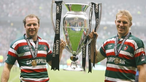 Geordan Murphy (L) and Lewis Moody celebrating Leicester's Premiership victory in 2010