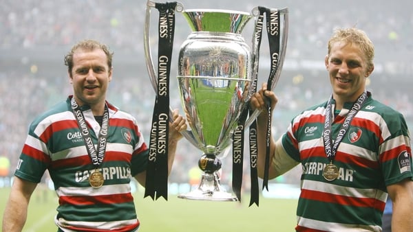 Geordan Murphy and Lewis Moody of Leicester celebrate winning the Guinness Premiership Final between Leicester and Saracens at Twickenham in London in 2010