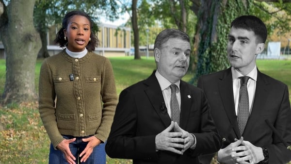 Photo shows News2day presenter Florence Okojie with a composite image of minsters paschal donohoe and jack chambers