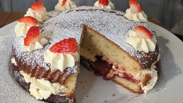 A cream cake topped with strawberries