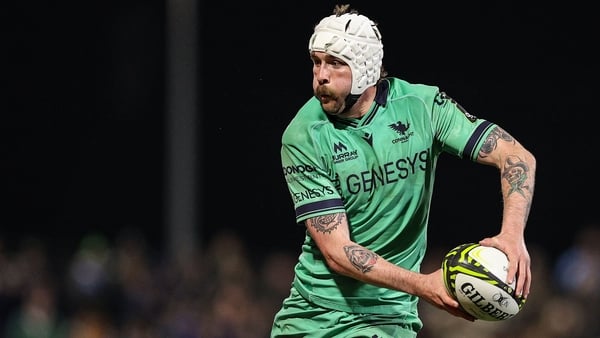5 April 2025; Mack Hansen of Connacht during the EPCR Challenge Cup Round of 16 match between Connacht and Cardiff Rugby at Dexcom Stadium in Galway. Photo by Thomas Flinkow/Sportsfile