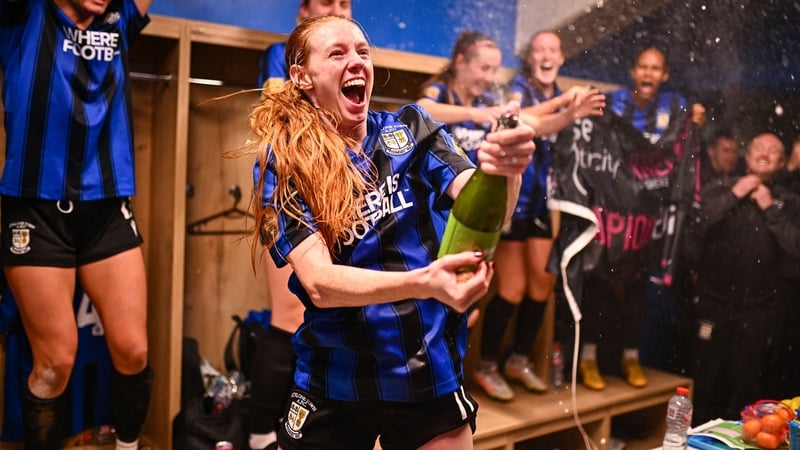 Kelly Brady celebrating Athlone Town's league title victory in the away dressing room at Turners Cross last Wednesday