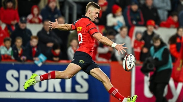 4 October 2025; Jack Crowley of Munster during the United Rugby Championship match between Munster and Cardiff Rugby at Thomond Park in Limerick. Photo by Sam Barnes/Sportsfile