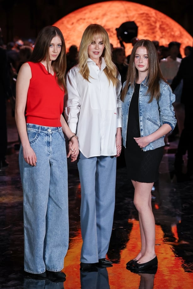 (L-R) Sunday Rose Kidman Urban, Nicole Kidman and Faith Margaret Kidman-Urban attend the Chanel Womenswear Spring/Summer 2026 show as part of Paris Fashion Week on 6 October, 2025 in Paris