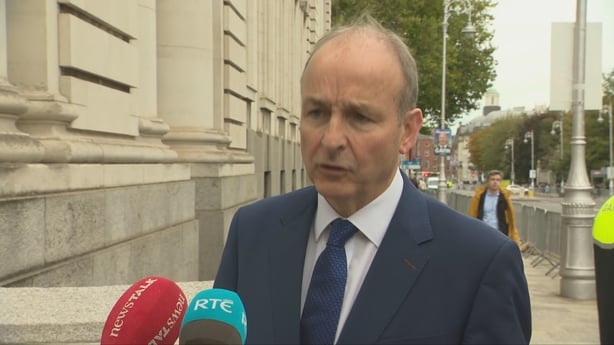Taoiseach Micheál Martin speaking outside Government Buildings