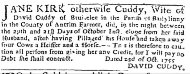 Ad from Belfast News Letter, 28 October 1755, page 2.