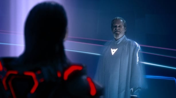 Jared Leto as Ares and Jeff Bridges as Kevin Flynn in Tron: Ares