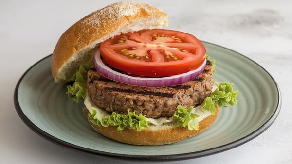 A white plate with a vegan grilled burger made of plant-based meatless patties