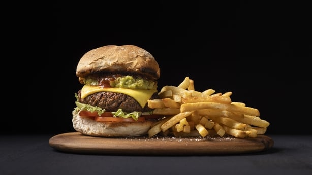 Soya and plant based burger with chips