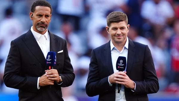 Rio Ferdinand and Steven Gerrard working for TNT Sports during 2025 Champions League final