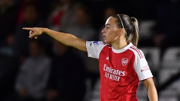 BOREHAMWOOD, ENGLAND - OCTOBER 07: Katie McCabe of Arsenal gestures during the UEFA Women's Champions League 2025/26 league phase match between Arsenal FC and OL Lyonnesat Meadow Park on October 07, 2025 in Borehamwood, England. (Photo by Alex Burstow/Arsenal FC via Getty Images)