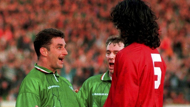 John Aldridge celebrates in the face of Portugal's Fernando Couto back in 1995