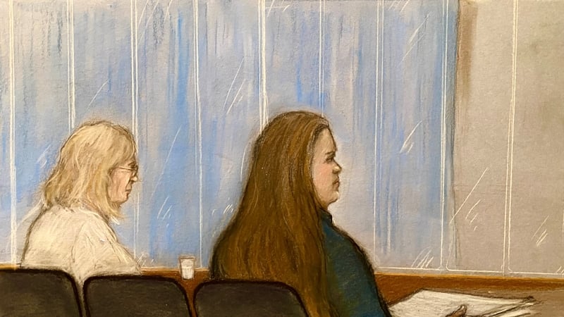 Court artist sketch of Karen Spragg (L) and Julia Wandelt