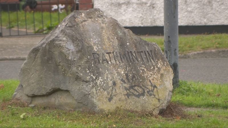 A boulder says 'Rathmintin' outside the Rathmintin Estate in Jobstown, Dublin