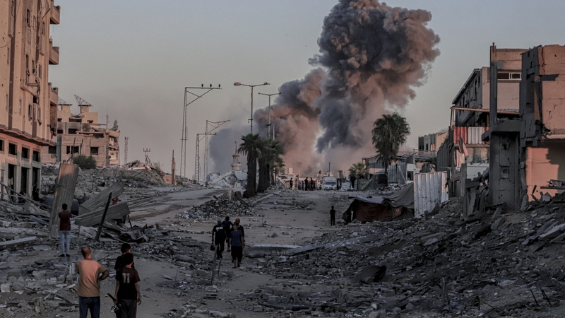 Smoke rises after Israeli strikes hit the Islamic University area in Gaza City