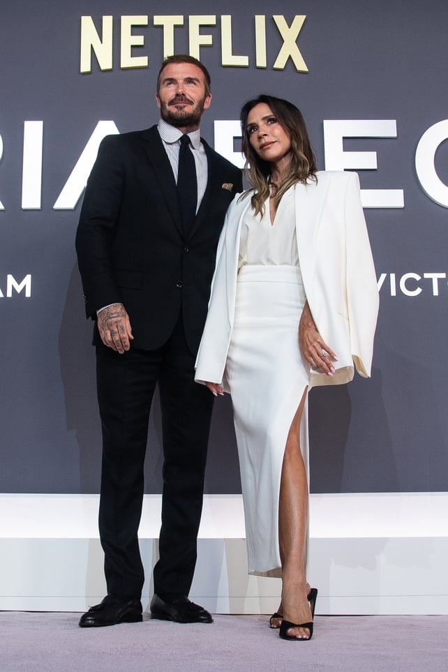 LONDON, ENGLAND - OCTOBER 08: Victoria Beckham and David Beckham attend the "Victoria Beckham" World Premiere at the Curzon Mayfair on October 08, 2025 in London, England. (Photo by Jeff Spicer/Getty Images)