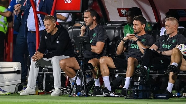 9 September 2025; Republic of Ireland head coach Heimir Hallgrimsson, left, and his management team dueing the FIFA World Cup 2026 Group F qualifying match between Armenia and Republic of Ireland at Vazgen Sargsyan Republican Stadium in Yerevan, Armenia.